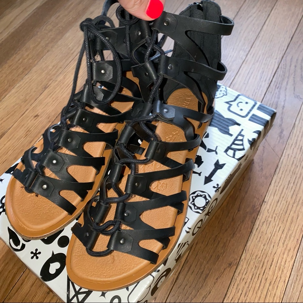 W 8.5 8 1/2 Black Bamboo lace up Sandals shoes flats dress open toe Beach Summer - Picture 3 of 7